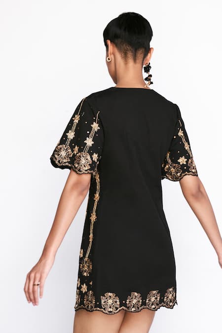 Shop Verb By Pallavi Singhee Black Cotton Sequins, Beads, Embroidery Split V-neck Dress at Aza Fashions Shop_Verb By Pallavi Singhee_Black Cotton Sequins, Beads, Embroidery Split V-neck Dress _at_Aza_Fashions