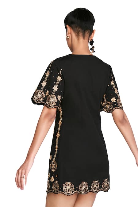 Verb By Pallavi Singhee Black Cotton Sequins, Beads, Embroidery Split V-neck Dress Online at Aza Fashions Verb By Pallavi Singhee_Black Cotton Sequins, Beads, Embroidery Split V-neck Dress _Online_at_Aza_Fashions