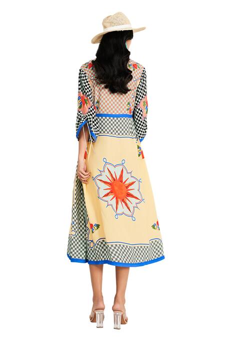Verb By Pallavi Singhee_Multi Color Georgette Mandarin Collar Checkered Placement Print Dress_Online_at_Aza_Fashions