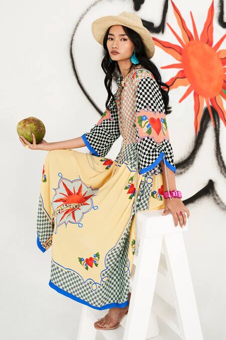 Buy_Verb By Pallavi Singhee_Multi Color Georgette Mandarin Collar Checkered Placement Print Dress_Online_at_Aza_Fashions