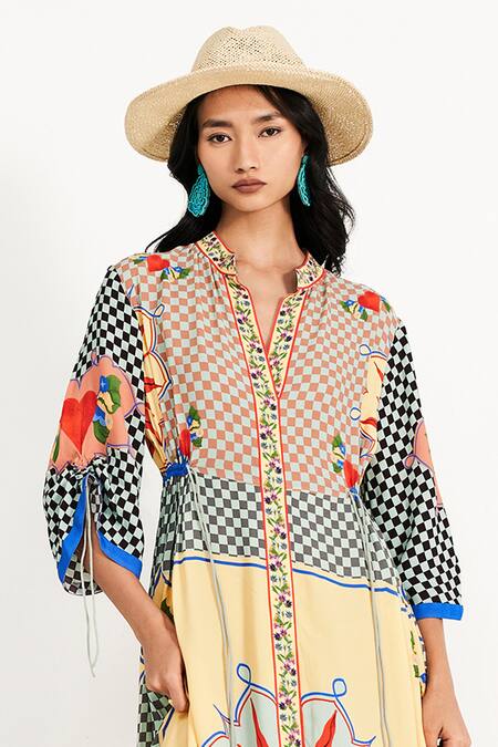 Shop_Verb By Pallavi Singhee_Multi Color Georgette Mandarin Collar Checkered Placement Print Dress_Online_at_Aza_Fashions