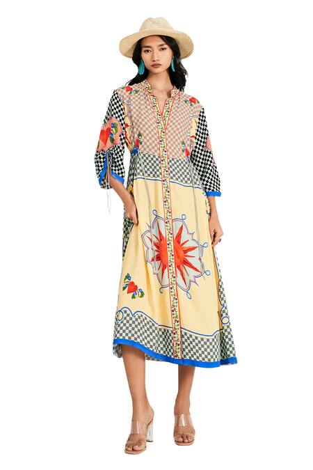 Verb By Pallavi Singhee_Multi Color Georgette Mandarin Collar Checkered Placement Print Dress_at_Aza_Fashions