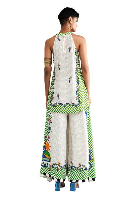 Verb By Pallavi Singhee White Georgette Sequins Halter Neck Printed Kurta And Wide Legged Pant Set Online at Aza Fashions Verb By Pallavi Singhee_White Georgette Sequins Halter Neck Printed Kurta And Wide Legged Pant Set_Online_at_Aza_Fashions