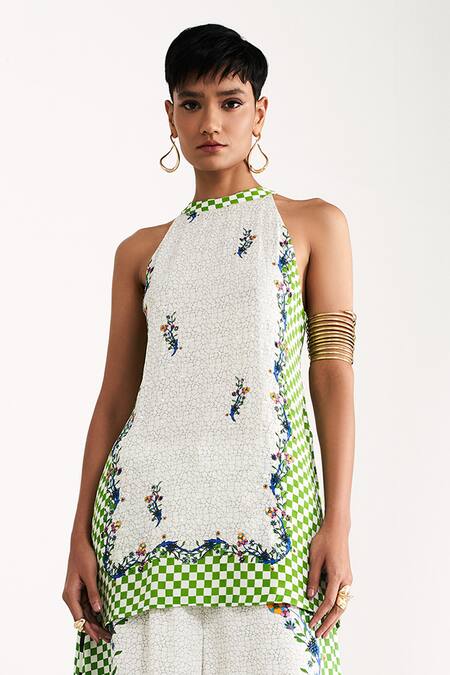 Shop Verb By Pallavi Singhee White Georgette Sequins Halter Neck Printed Kurta And Wide Legged Pant Set Online at Aza Fashions Shop_Verb By Pallavi Singhee_White Georgette Sequins Halter Neck Printed Kurta And Wide Legged Pant Set_Online_at_Aza_Fashions