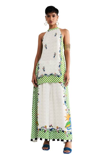 Verb By Pallavi Singhee White Georgette Sequins Halter Neck Printed Kurta And Wide Legged Pant Set at Aza Fashions Verb By Pallavi Singhee_White Georgette Sequins Halter Neck Printed Kurta And Wide Legged Pant Set_at_Aza_Fashions