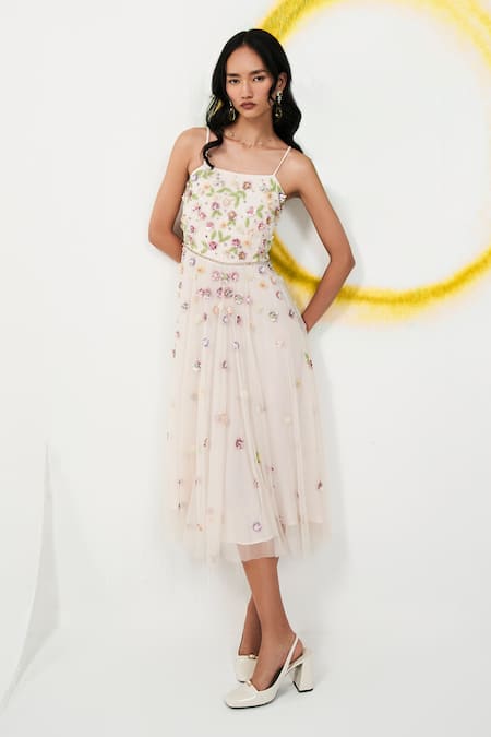 Verb by Pallavi Singhee Pink Tulle Embroidery 3d Sequin Square Neck Floral Dress 