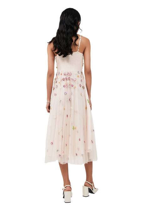 Verb By Pallavi Singhee_Pink Tulle Beads, Stones Square Neck 3d Floral Embroidered Dress_Online_at_Aza_Fashions