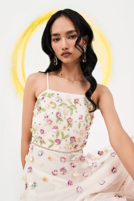 Buy_Verb By Pallavi Singhee_Pink Tulle Beads, Stones Square Neck 3d Floral Embroidered Dress_Online_at_Aza_Fashions