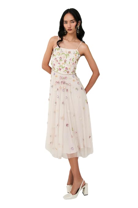 Shop_Verb By Pallavi Singhee_Pink Tulle Beads, Stones Square Neck 3d Floral Embroidered Dress_Online_at_Aza_Fashions