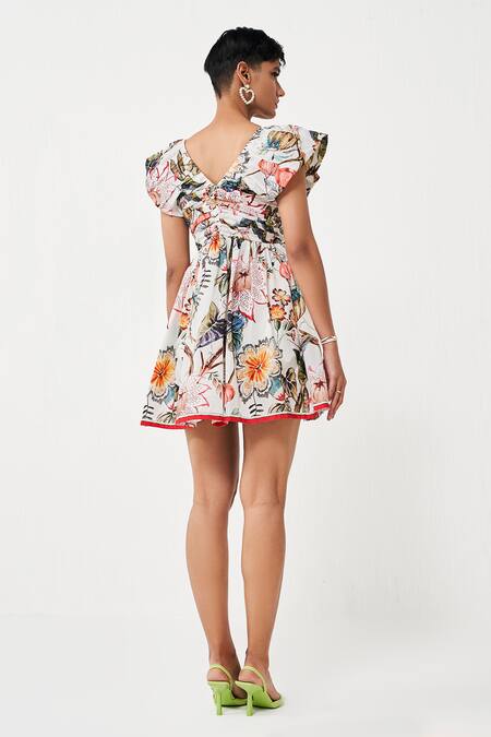 Shop Verb By Pallavi Singhee Ivory Polyester V-neck Tropical Print Dress at Aza Fashions Shop_Verb By Pallavi Singhee_Ivory Polyester V-neck Tropical Print Dress_at_Aza_Fashions