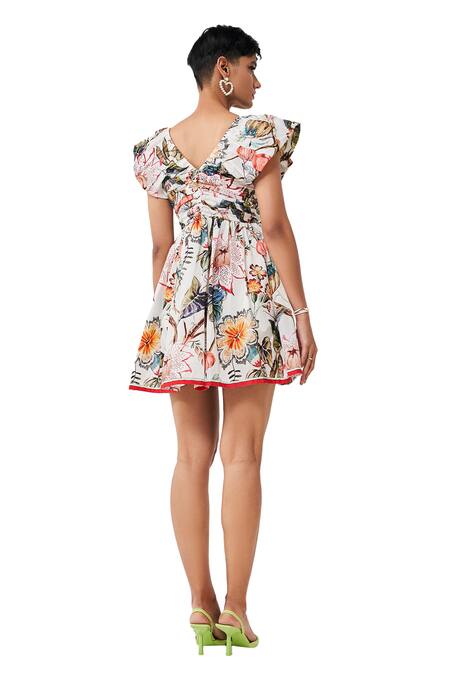 Verb By Pallavi Singhee Ivory Polyester V-neck Tropical Print Dress Online at Aza Fashions Verb By Pallavi Singhee_Ivory Polyester V-neck Tropical Print Dress_Online_at_Aza_Fashions