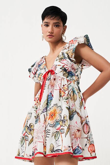 Verb By Pallavi Singhee Ivory Polyester V-neck Tropical Print Dress at Aza Fashions Verb By Pallavi Singhee_Ivory Polyester V-neck Tropical Print Dress_at_Aza_Fashions