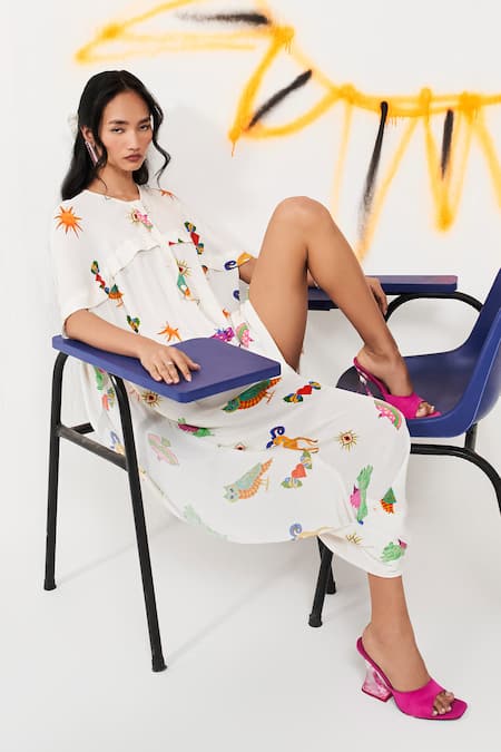 Verb By Pallavi Singhee Ivory Georgette Round Neck Abstract Print Dress Online at Aza Fashions Verb By Pallavi Singhee_Ivory Georgette Round Neck Abstract Print Dress _Online_at_Aza_Fashions