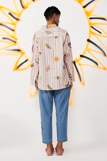 Shop Verb By Pallavi Singhee Peach Cotton Cut Work, Beads Collared Stripe Print Shirt at Aza Fashions Shop_Verb By Pallavi Singhee_Peach Cotton Cut Work, Beads Collared Stripe Print Shirt _at_Aza_Fashions