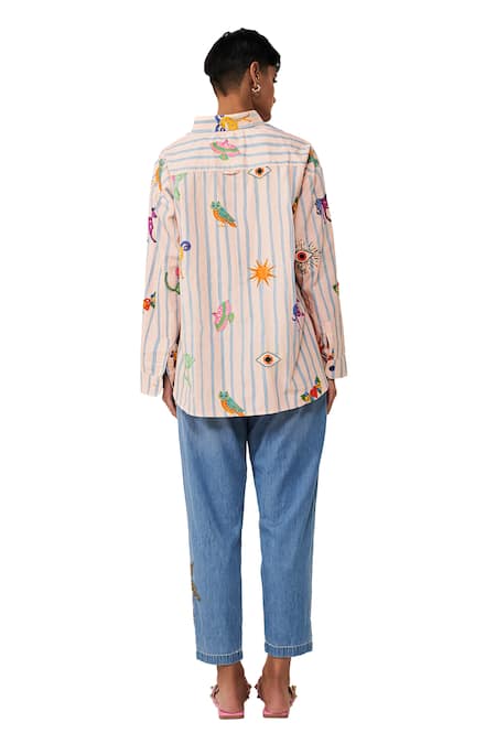 Verb By Pallavi Singhee Peach Cotton Cut Work, Beads Collared Stripe Print Shirt Online at Aza Fashions Verb By Pallavi Singhee_Peach Cotton Cut Work, Beads Collared Stripe Print Shirt _Online_at_Aza_Fashions