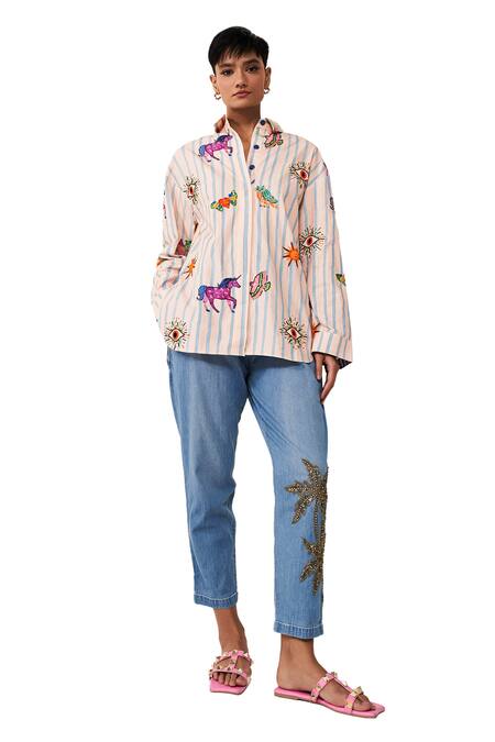 Buy Verb By Pallavi Singhee Peach Cotton Cut Work, Beads Collared Stripe Print Shirt Online at Aza Fashions Buy_Verb By Pallavi Singhee_Peach Cotton Cut Work, Beads Collared Stripe Print Shirt _Online_at_Aza_Fashions