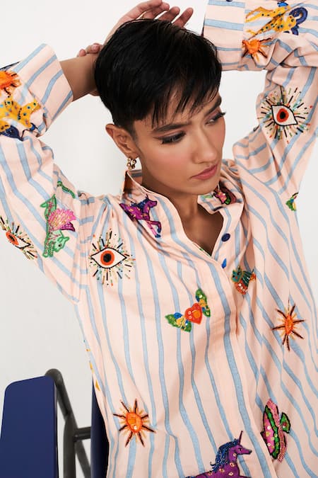 Shop Verb By Pallavi Singhee Peach Cotton Cut Work, Beads Collared Stripe Print Shirt Online at Aza Fashions Shop_Verb By Pallavi Singhee_Peach Cotton Cut Work, Beads Collared Stripe Print Shirt _Online_at_Aza_Fashions