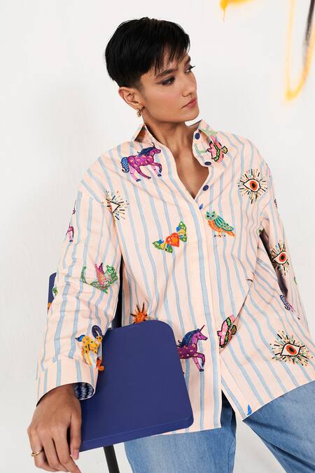 Verb By Pallavi Singhee Peach Cotton Cut Work, Beads Collared Stripe Print Shirt at Aza Fashions Verb By Pallavi Singhee_Peach Cotton Cut Work, Beads Collared Stripe Print Shirt _at_Aza_Fashions