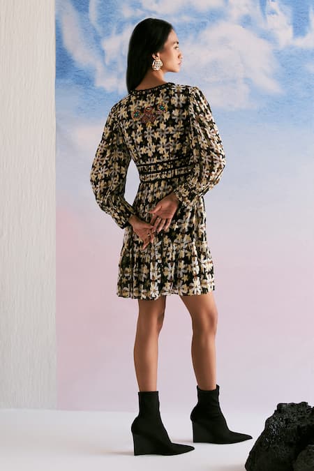 Shop Verb By Pallavi Singhee Black Viscose, Lurex, Georgette Beads V-neck Star Print Dress at Aza Fashions Shop_Verb By Pallavi Singhee_Black Viscose, Lurex, Georgette Beads V-neck Star Print Dress _at_Aza_Fashions