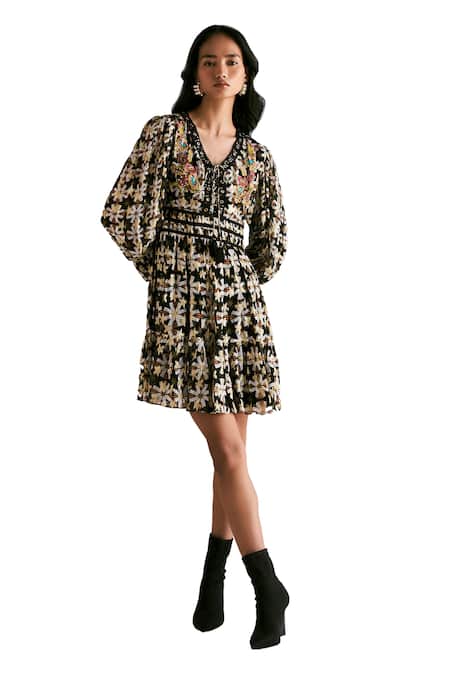 Shop Verb By Pallavi Singhee Black Viscose, Lurex, Georgette Beads V-neck Star Print Dress Online at Aza Fashions Shop_Verb By Pallavi Singhee_Black Viscose, Lurex, Georgette Beads V-neck Star Print Dress _Online_at_Aza_Fashions