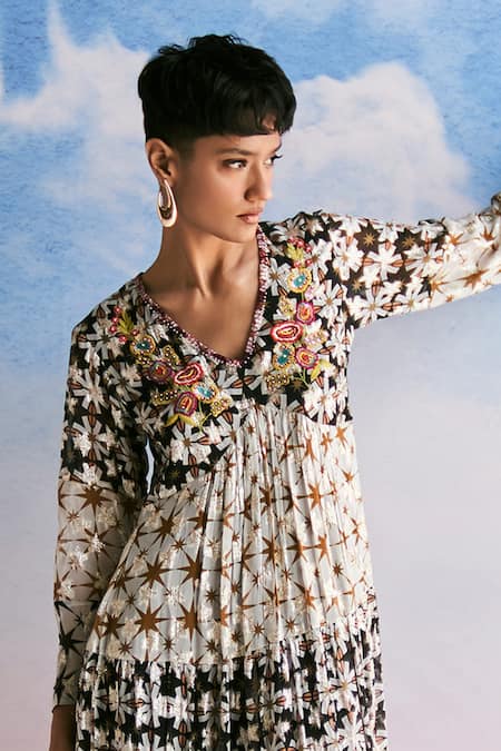 Buy_Verb By Pallavi Singhee_Black Viscose, Georgette Beads, Embroidery V-neck Star Print Tiered Dress _Online_at_Aza_Fashions