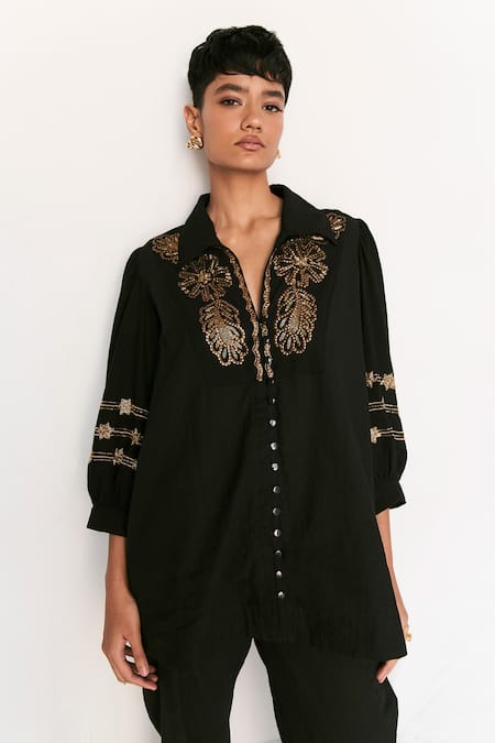 Shop Verb By Pallavi Singhee Black Cotton Beads Collared Embroidered Shirt Online at Aza Fashions Shop_Verb By Pallavi Singhee_Black Cotton Beads Collared Embroidered Shirt _Online_at_Aza_Fashions