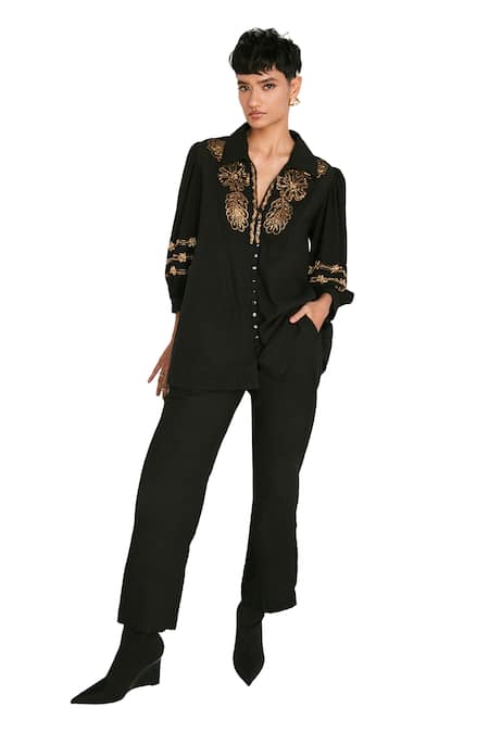 Verb By Pallavi Singhee Black Cotton Beads Collared Embroidered Shirt at Aza Fashions Verb By Pallavi Singhee_Black Cotton Beads Collared Embroidered Shirt _at_Aza_Fashions
