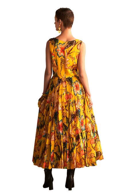 Verb By Pallavi Singhee_Yellow Organza Embroidery Round Neck Floral Print Tiered Midi Dress _Online_at_Aza_Fashions