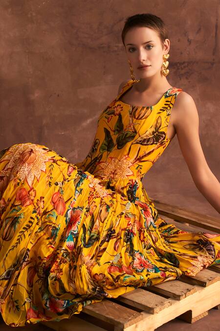 Buy_Verb By Pallavi Singhee_Yellow Organza Embroidery Round Neck Floral Print Tiered Midi Dress _Online_at_Aza_Fashions