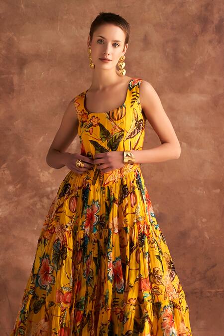 Shop_Verb By Pallavi Singhee_Yellow Organza Embroidery Round Neck Floral Print Tiered Midi Dress _Online_at_Aza_Fashions