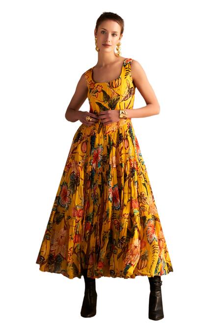 Verb By Pallavi Singhee_Yellow Organza Embroidery Round Neck Floral Print Tiered Midi Dress _at_Aza_Fashions