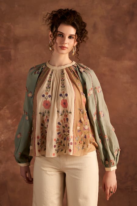 Verb by Pallavi Singhee Beige Chiffon Embroidered Floral Round Thread Top 