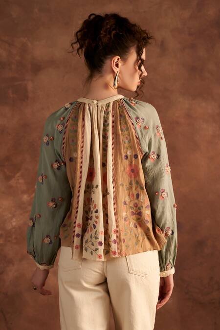 Shop Verb By Pallavi Singhee Beige Chiffon Embroidery Round Neck Floral Thread Top at Aza Fashions Shop_Verb By Pallavi Singhee_Beige Chiffon Embroidery Round Neck Floral Thread Top_at_Aza_Fashions