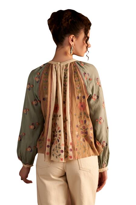 Verb By Pallavi Singhee Beige Chiffon Embroidery Round Neck Floral Thread Top Online at Aza Fashions Verb By Pallavi Singhee_Beige Chiffon Embroidery Round Neck Floral Thread Top_Online_at_Aza_Fashions