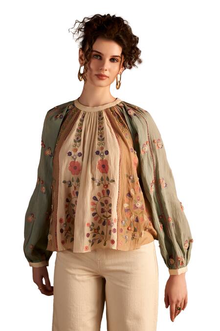Buy Verb By Pallavi Singhee Beige Chiffon Embroidery Round Neck Floral Thread Top Online at Aza Fashions Buy_Verb By Pallavi Singhee_Beige Chiffon Embroidery Round Neck Floral Thread Top_Online_at_Aza_Fashions