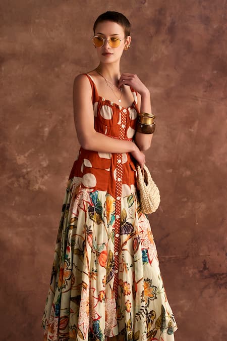 Buy Verb By Pallavi Singhee Multi Color Cotton Scoop Neck Floral Print Button Down Midi Dress Online at Aza Fashions Buy_Verb By Pallavi Singhee_Multi Color Cotton Scoop Neck Floral Print Button Down Midi Dress _Online_at_Aza_Fashions