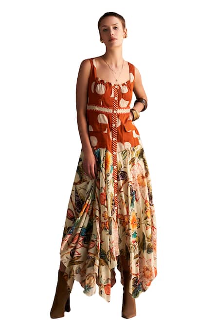 Shop Verb By Pallavi Singhee Multi Color Cotton Scoop Neck Floral Print Button Down Midi Dress Online at Aza Fashions Shop_Verb By Pallavi Singhee_Multi Color Cotton Scoop Neck Floral Print Button Down Midi Dress _Online_at_Aza_Fashions