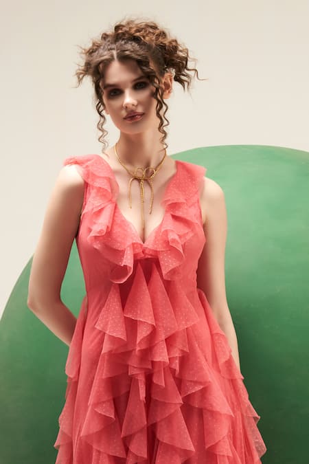 Shop Verb By Pallavi Singhee Pink Tulle V-neck Ruffled Maxi Dress at Aza Fashions Shop_Verb By Pallavi Singhee_Pink Tulle V-neck Ruffled Maxi Dress _at_Aza_Fashions