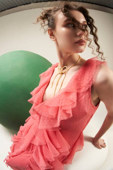 Verb By Pallavi Singhee Pink Tulle V-neck Ruffled Maxi Dress Online at Aza Fashions Verb By Pallavi Singhee_Pink Tulle V-neck Ruffled Maxi Dress _Online_at_Aza_Fashions