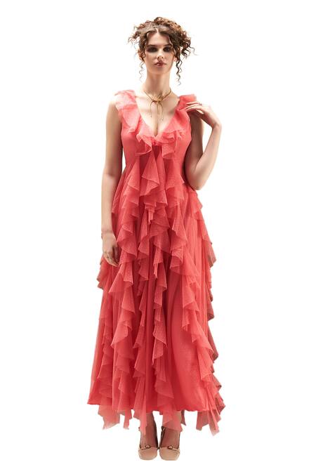 Buy Verb By Pallavi Singhee Pink Tulle V-neck Ruffled Maxi Dress Online at Aza Fashions Buy_Verb By Pallavi Singhee_Pink Tulle V-neck Ruffled Maxi Dress _Online_at_Aza_Fashions