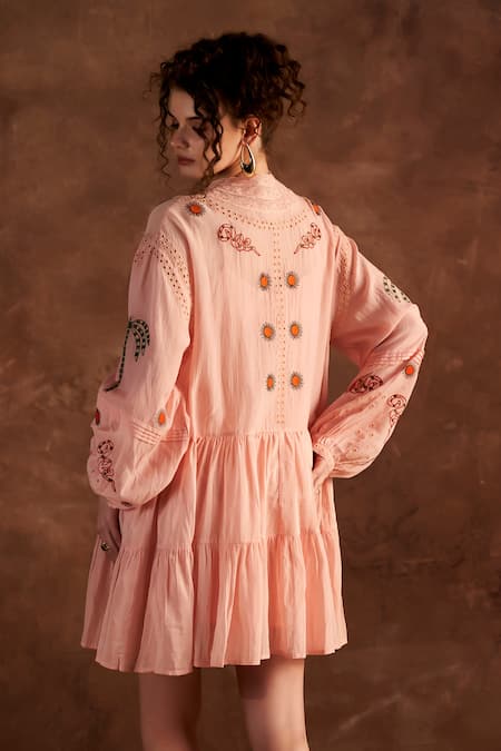 Shop Verb By Pallavi Singhee Pink Cotton, Voile Embroidery Mandarin Collar Thread Short Dress at Aza Fashions Shop_Verb By Pallavi Singhee_Pink Cotton, Voile Embroidery Mandarin Collar Thread Short Dress _at_Aza_Fashions