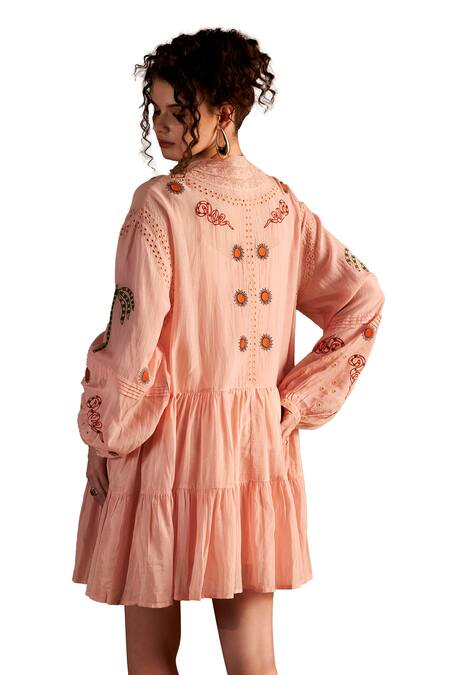 Verb By Pallavi Singhee Pink Cotton, Voile Embroidery Mandarin Collar Thread Short Dress Online at Aza Fashions Verb By Pallavi Singhee_Pink Cotton, Voile Embroidery Mandarin Collar Thread Short Dress _Online_at_Aza_Fashions