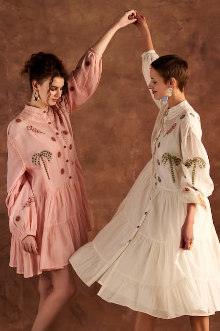 Buy Verb By Pallavi Singhee Pink Cotton, Voile Embroidery Mandarin Collar Thread Short Dress Online at Aza Fashions Buy_Verb By Pallavi Singhee_Pink Cotton, Voile Embroidery Mandarin Collar Thread Short Dress _Online_at_Aza_Fashions