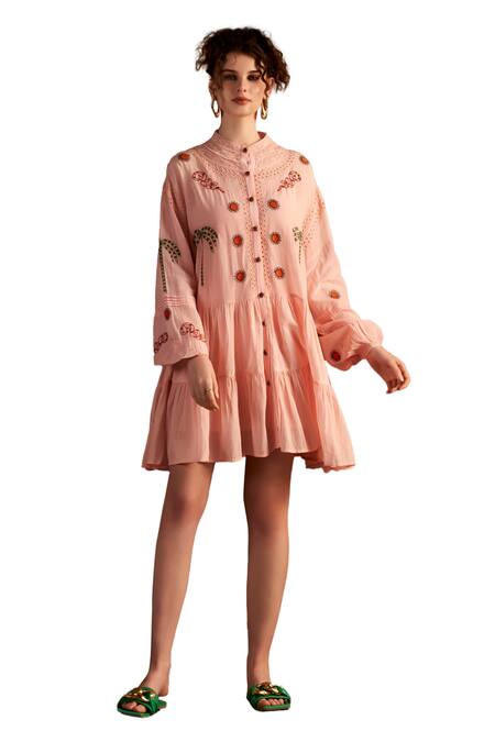 Shop Verb By Pallavi Singhee Pink Cotton, Voile Embroidery Mandarin Collar Thread Short Dress Online at Aza Fashions Shop_Verb By Pallavi Singhee_Pink Cotton, Voile Embroidery Mandarin Collar Thread Short Dress _Online_at_Aza_Fashions