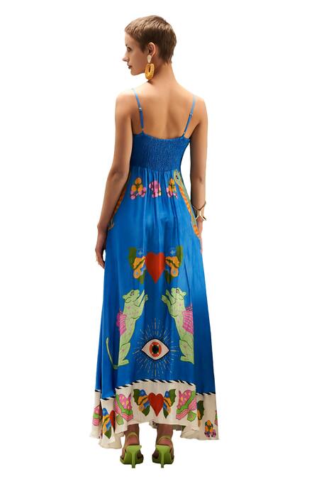 Verb By Pallavi Singhee_Blue Modal, Satin Square Neck Abstract Print Strappy Dress _Online_at_Aza_Fashions