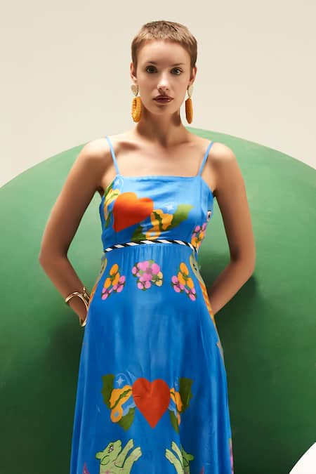 Shop_Verb By Pallavi Singhee_Blue Modal, Satin Square Neck Abstract Print Strappy Dress _Online_at_Aza_Fashions