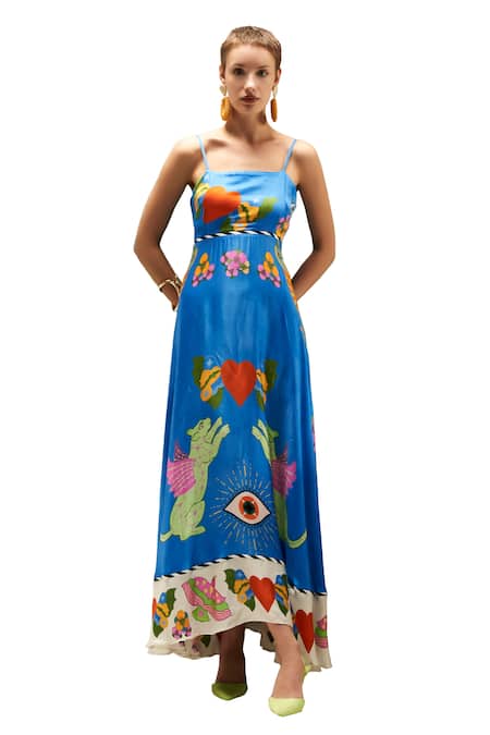Verb By Pallavi Singhee_Blue Modal, Satin Square Neck Abstract Print Strappy Dress _at_Aza_Fashions