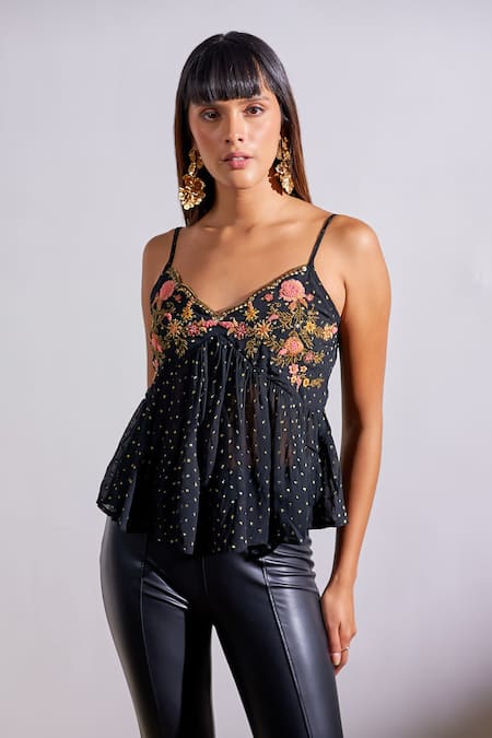 Verb by Pallavi Singhee Black Viscose Lurex Georgette Embroidered Thread V-neck Floral Sequined Top 