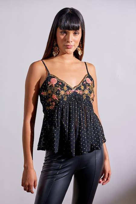 Verb By Pallavi Singhee_Black Viscose, Lurex, Georgette Embroidery, Sequins V-neck Floral Top_Online_at_Aza_Fashions