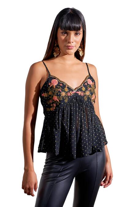 Buy_Verb By Pallavi Singhee_Black Viscose, Lurex, Georgette Embroidery, Sequins V-neck Floral Top_Online_at_Aza_Fashions